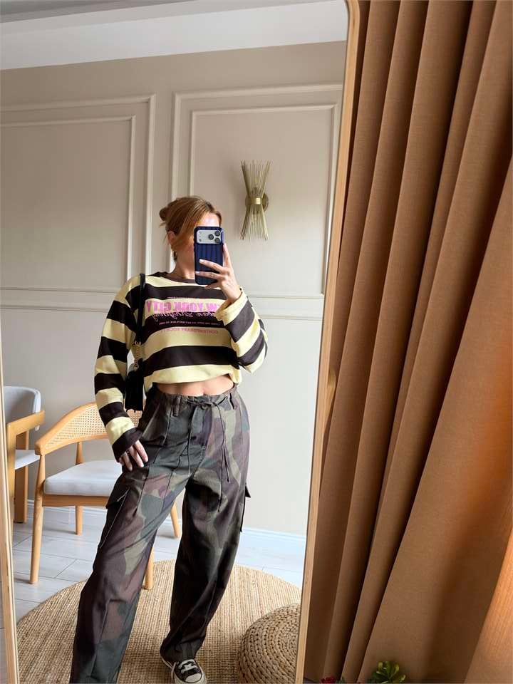 Kadın NYC Baskılı Çizgili Sweatshirt - SarıKahve