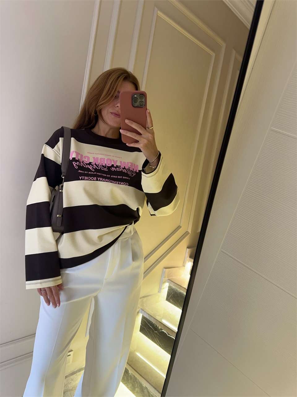 Kadın NYC Baskılı Çizgili Sweatshirt - SarıKahve