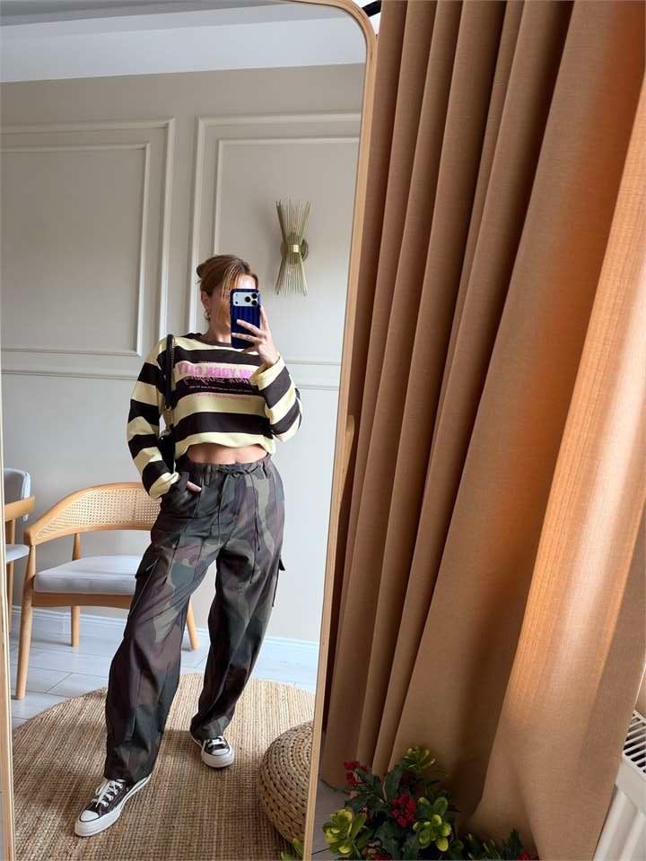 Kadın NYC Baskılı Çizgili Sweatshirt - SarıKahve
