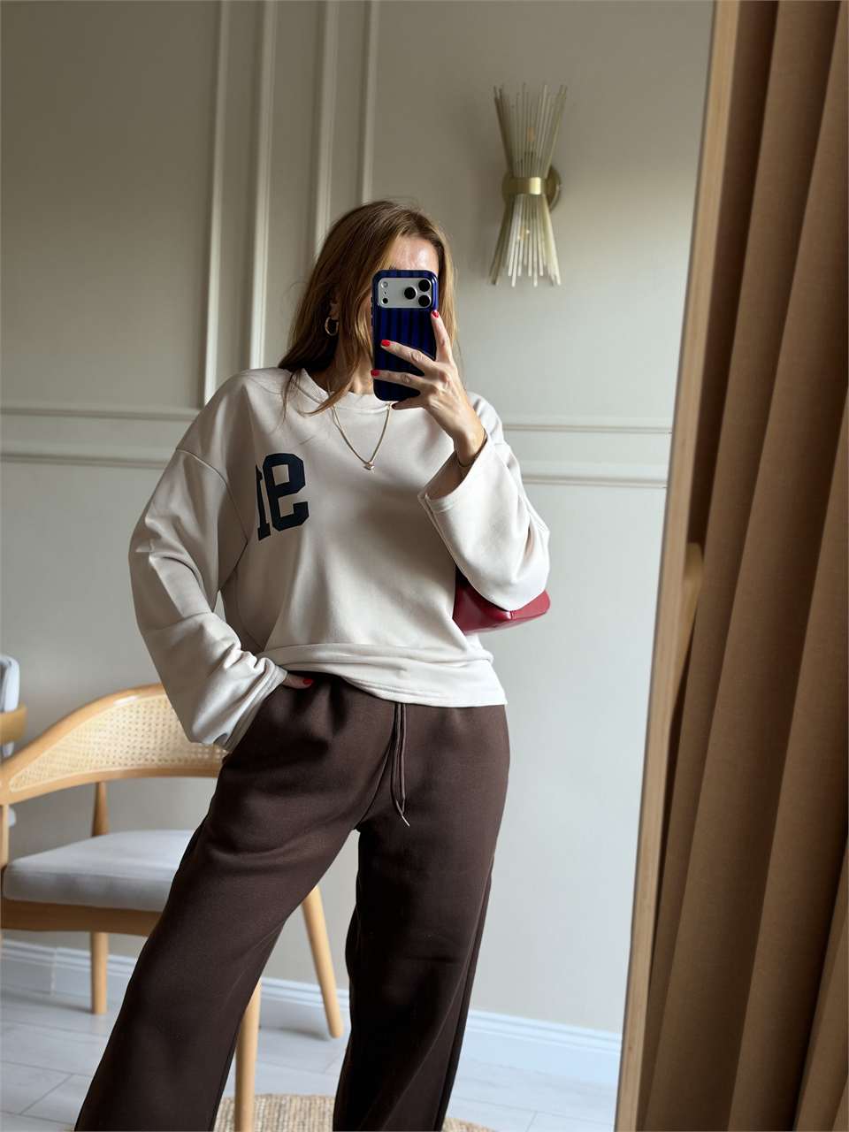 Kadın Ön Arka 91 Baskılı Sweatshirt - Bej