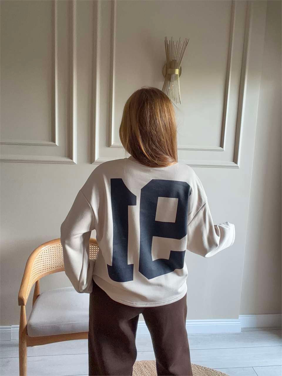 Kadın Ön Arka 91 Baskılı Sweatshirt - Bej