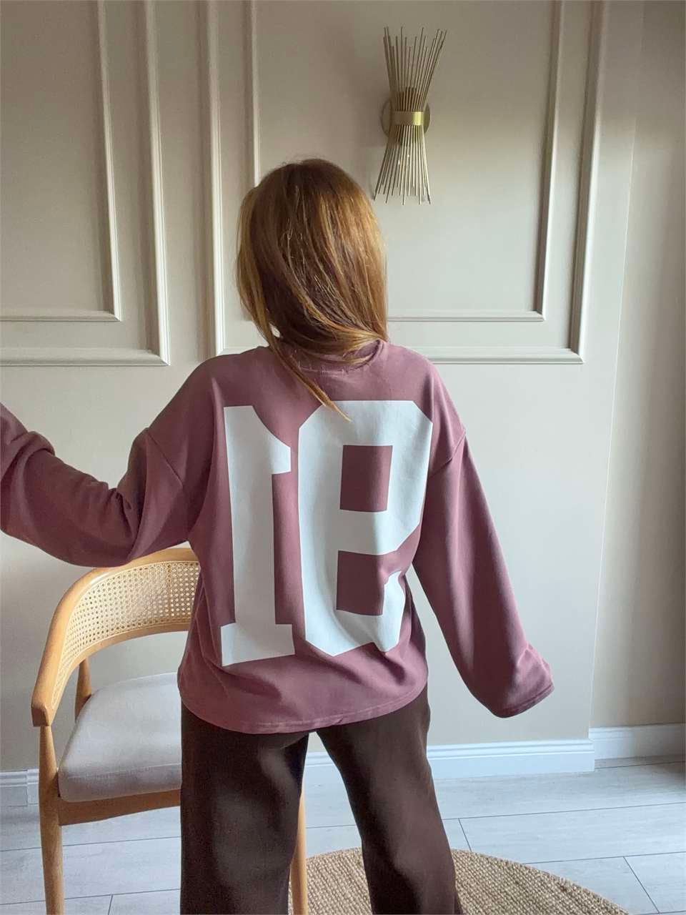 Kadın Ön Arka 91 Baskılı Sweatshirt - Gül Kurusu