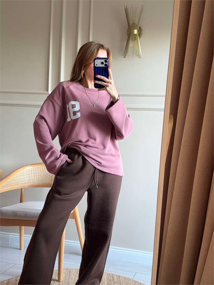 Kadın Ön Arka 91 Baskılı Sweatshirt - Gül Kurusu
