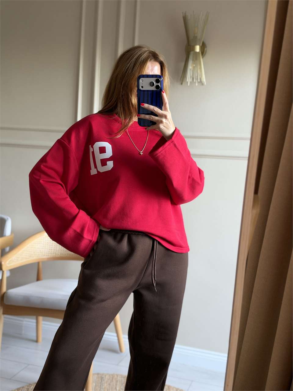 Kadın Ön Arka 91 Baskılı Sweatshirt - Kırmızı