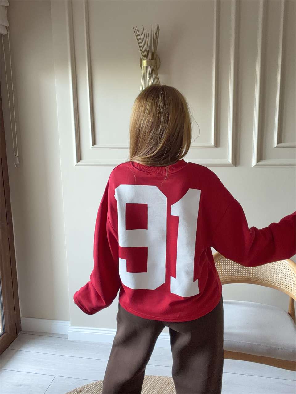 Kadın Ön Arka 91 Baskılı Sweatshirt - Kırmızı