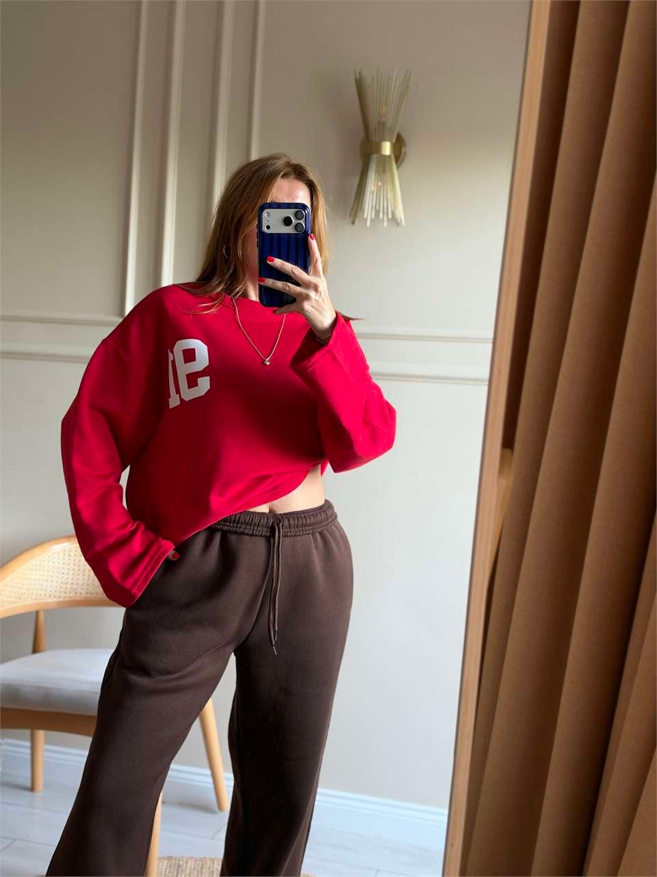 Kadın Ön Arka 91 Baskılı Sweatshirt - Kırmızı