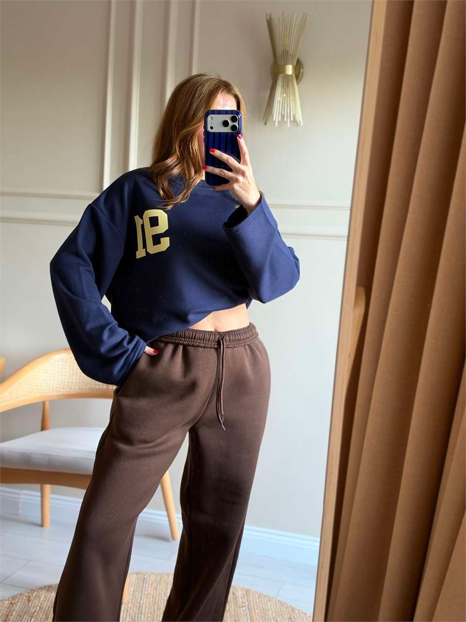 Kadın Ön Arka 91 Baskılı Sweatshirt - Lacivert