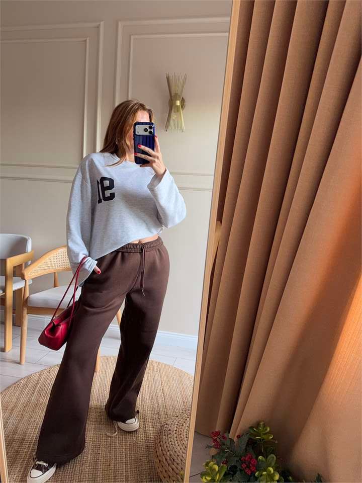 Kadın Ön Arka 91 Baskılı Sweatshirt - Melanj Gri