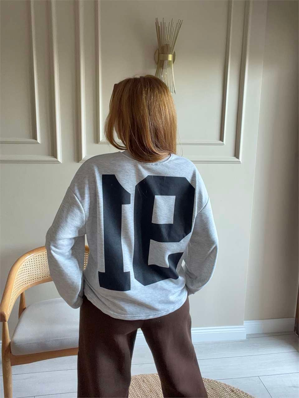 Kadın Ön Arka 91 Baskılı Sweatshirt - Melanj Gri