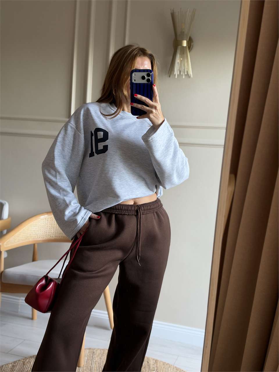 Kadın Ön Arka 91 Baskılı Sweatshirt - Melanj Gri