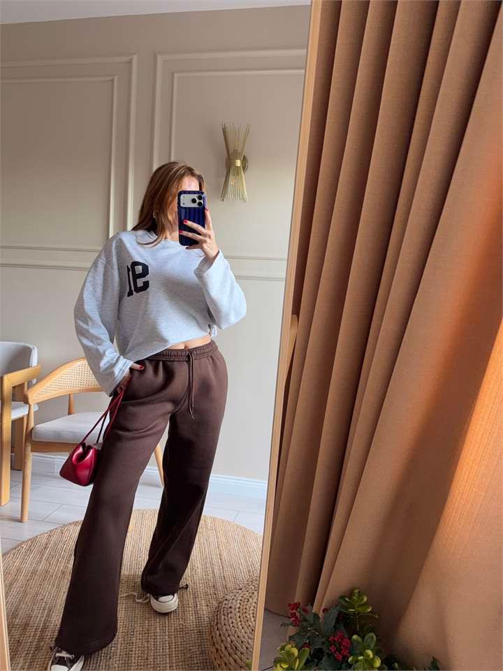 Kadın Ön Arka 91 Baskılı Sweatshirt - Melanj Gri