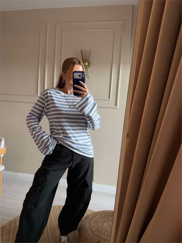 Kadın Oversize Çizgili Bluz - Bebe Mavi