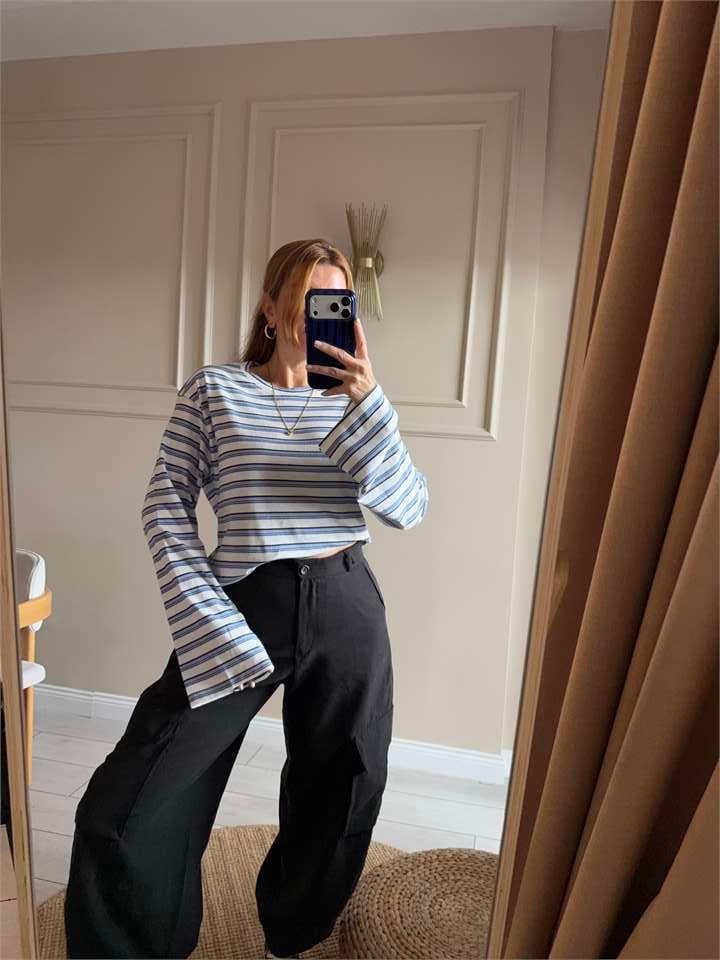 Kadın Oversize Çizgili Bluz - Bebe Mavi