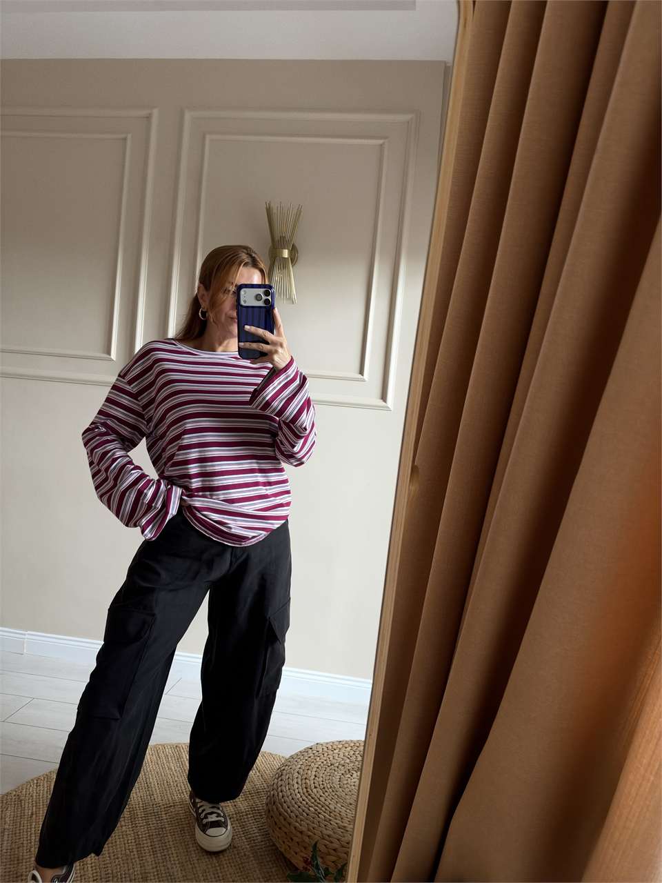 Kadın Oversize Çizgili Bluz - Bordo