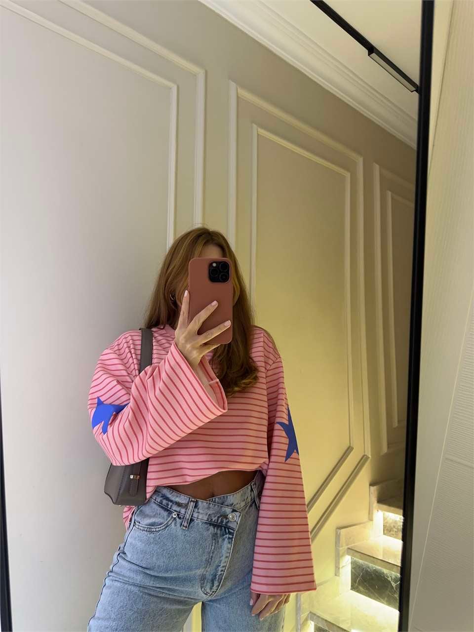 Kadın Paris 1975 Çizgili Sweatshirt - Pembe