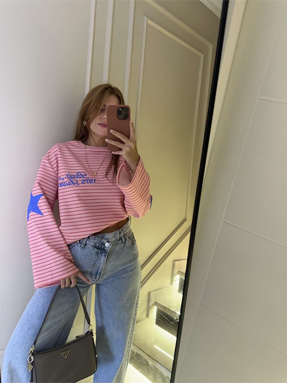 Kadın Paris 1975 Çizgili Sweatshirt - Pembe