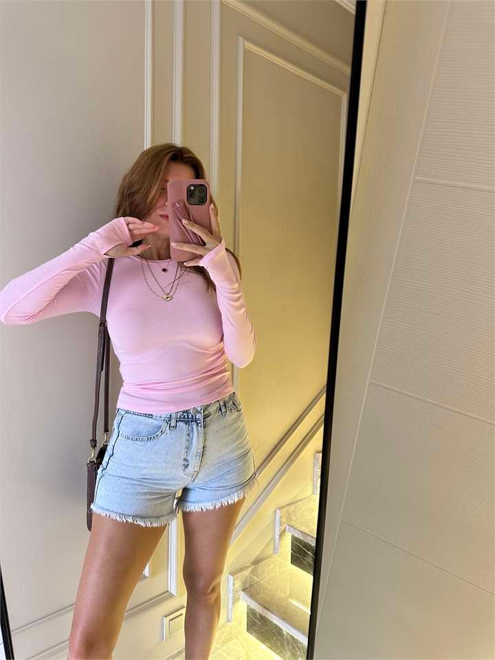Kadın Pembe Bisiklet Yaka Parmak Geçmeli Bluz