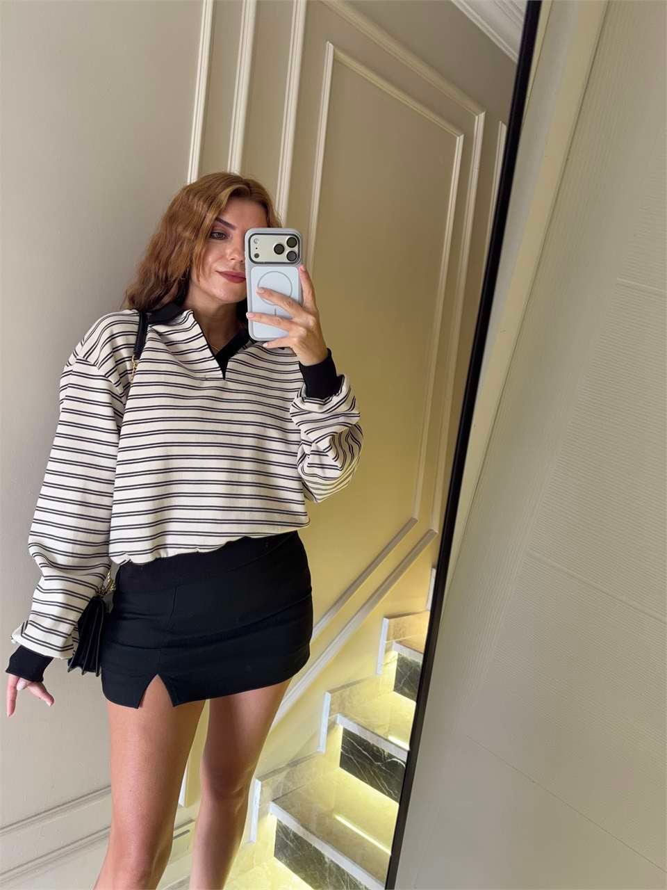 Kadın Polo Yaka Çizgili Sweatshirt - SiyahBej