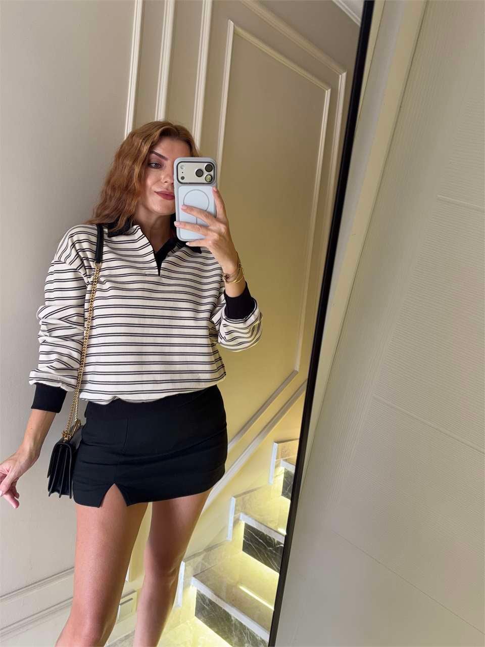 Kadın Polo Yaka Çizgili Sweatshirt - SiyahBej