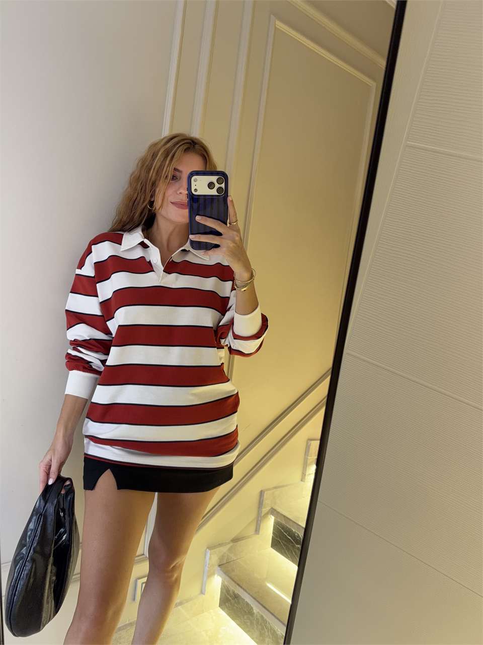 Kadın Polo Yaka Kalın Çizgili Sweatshirt - KırmızıBeyaz