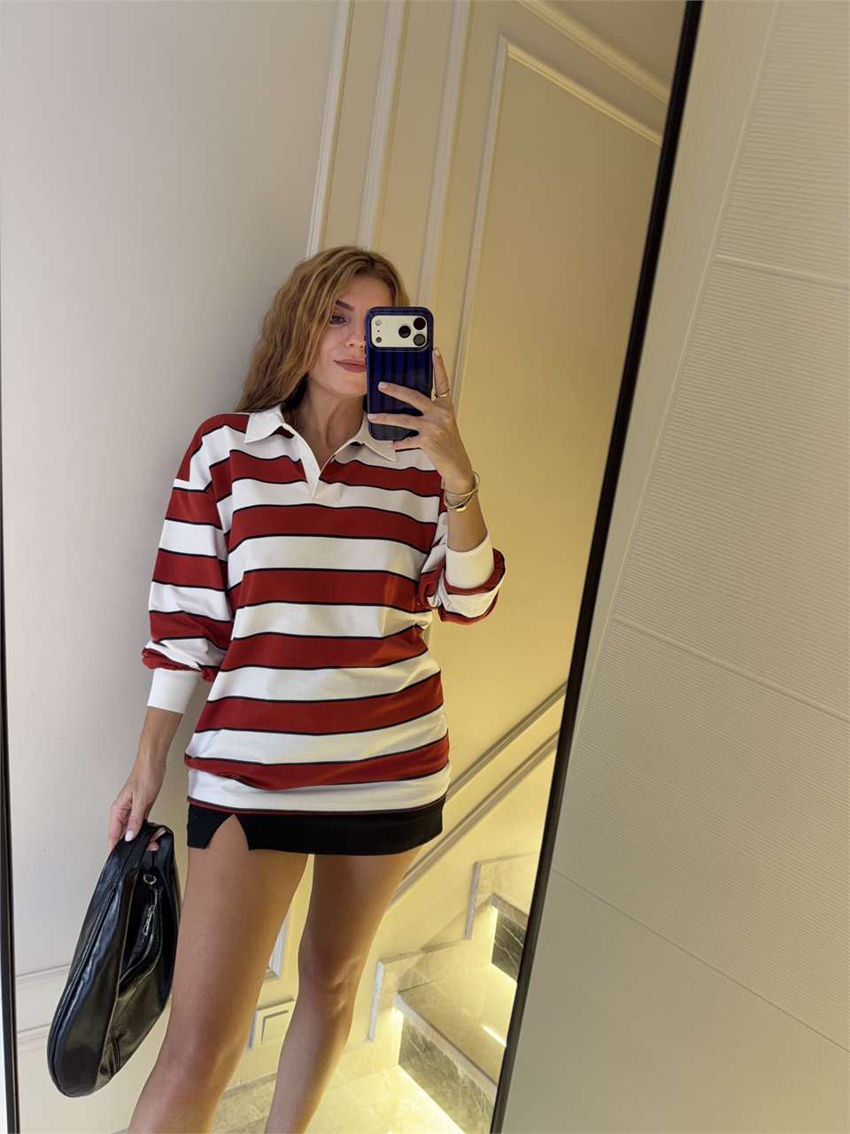 Kadın Polo Yaka Kalın Çizgili Sweatshirt - KırmızıBeyaz