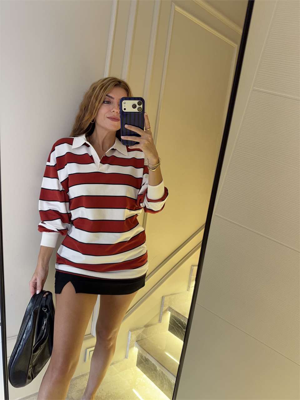 Kadın Polo Yaka Kalın Çizgili Sweatshirt - KırmızıBeyaz