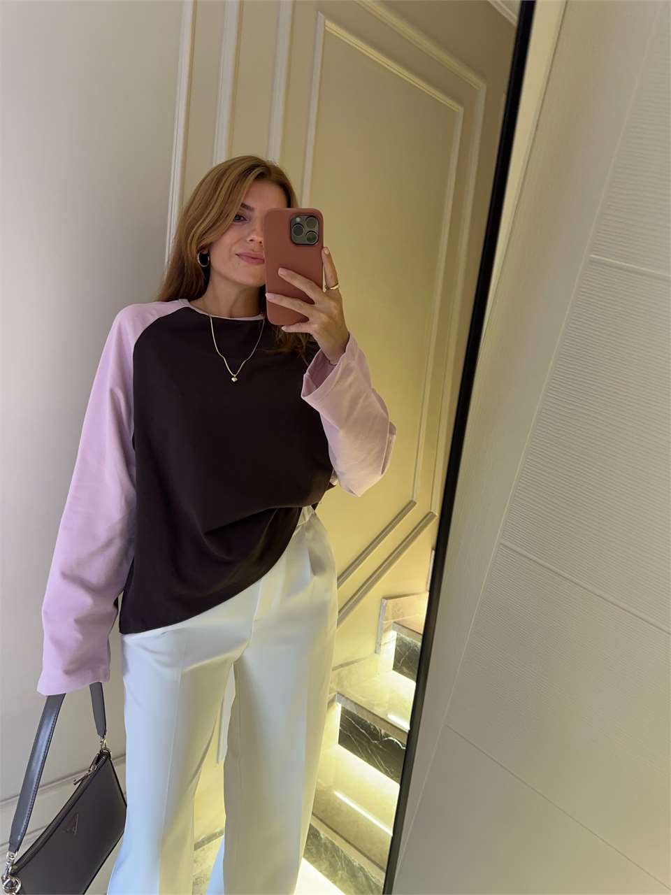 Kadın Reglan Kollu Çift Renk Sweatshirt - PembeKahve
