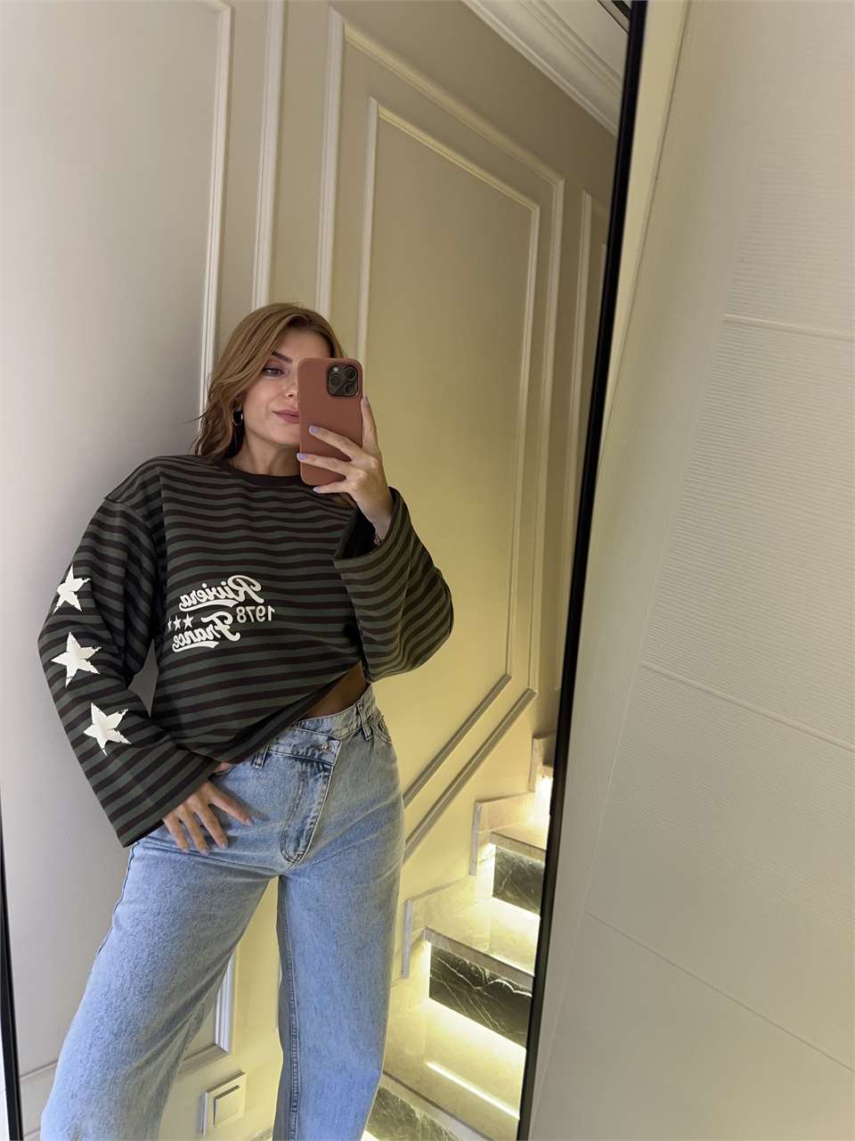 Kadın Riviera Baskı Çizgili Sweatshirt - Haki