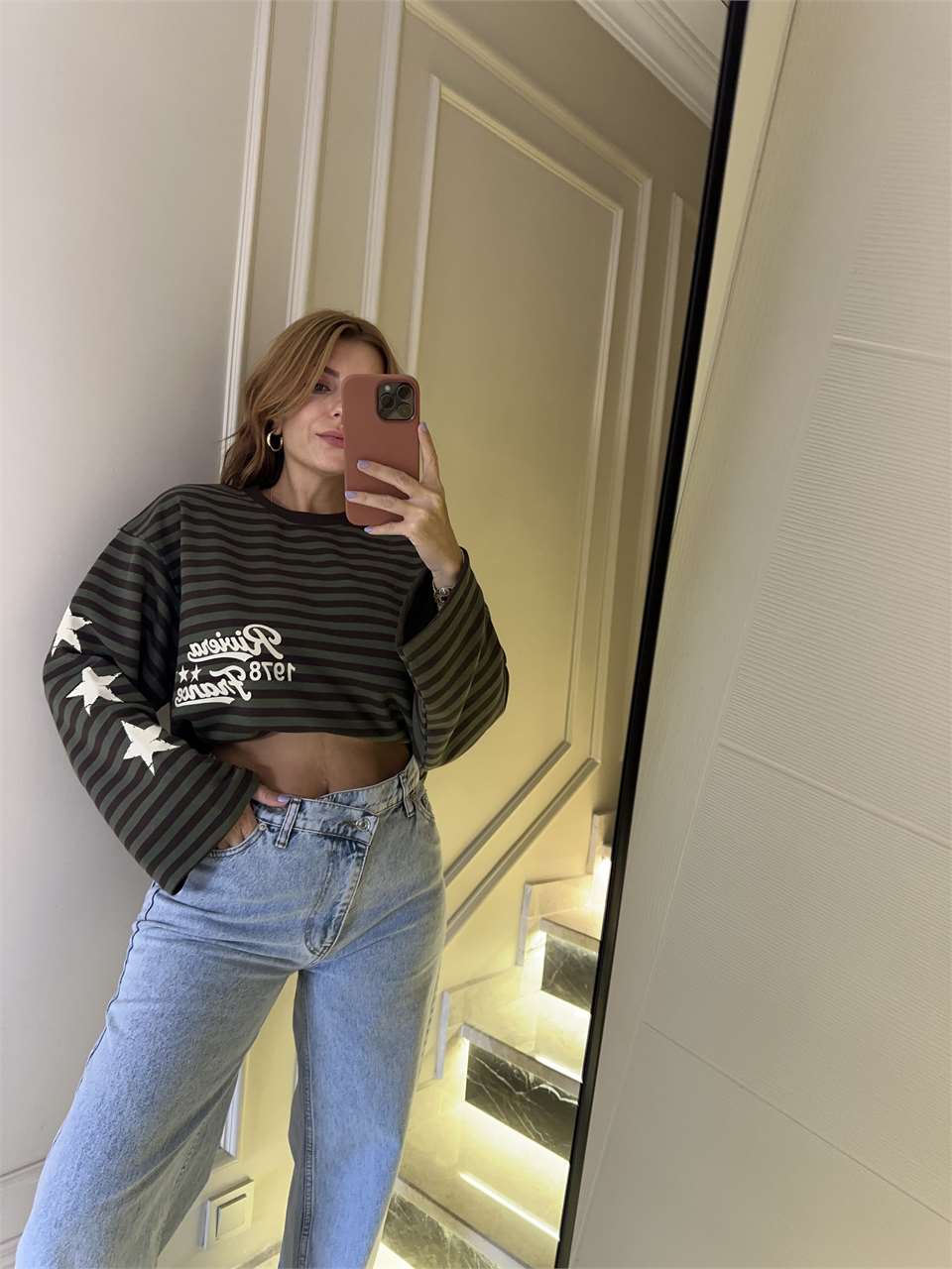 Kadın Riviera Baskı Çizgili Sweatshirt - Haki