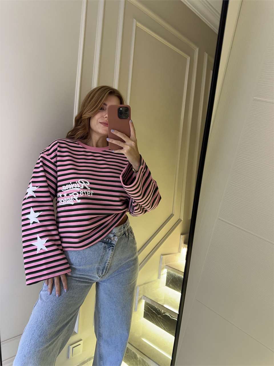 Kadın Riviera Baskı Çizgili Sweatshirt - Pembe