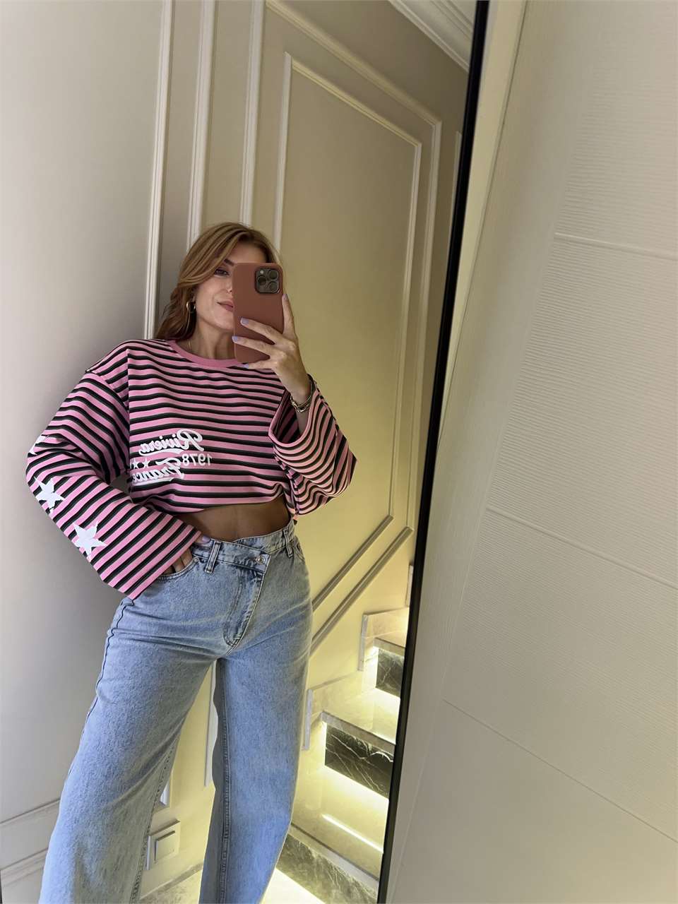 Kadın Riviera Baskı Çizgili Sweatshirt - Pembe