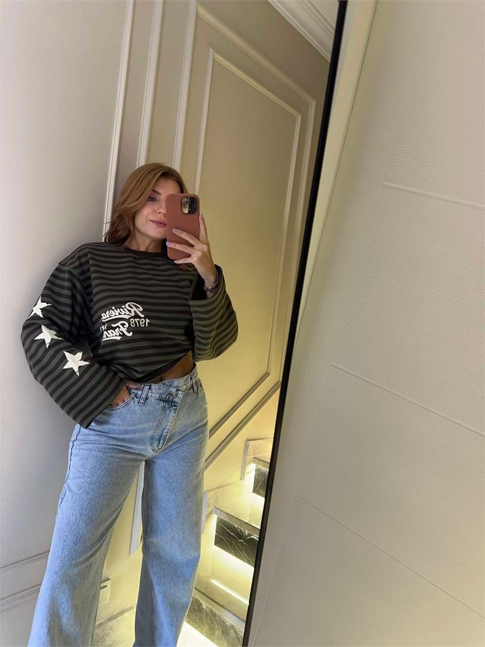 Kadın Riviera Baskı Çizgili Sweatshirt - Haki