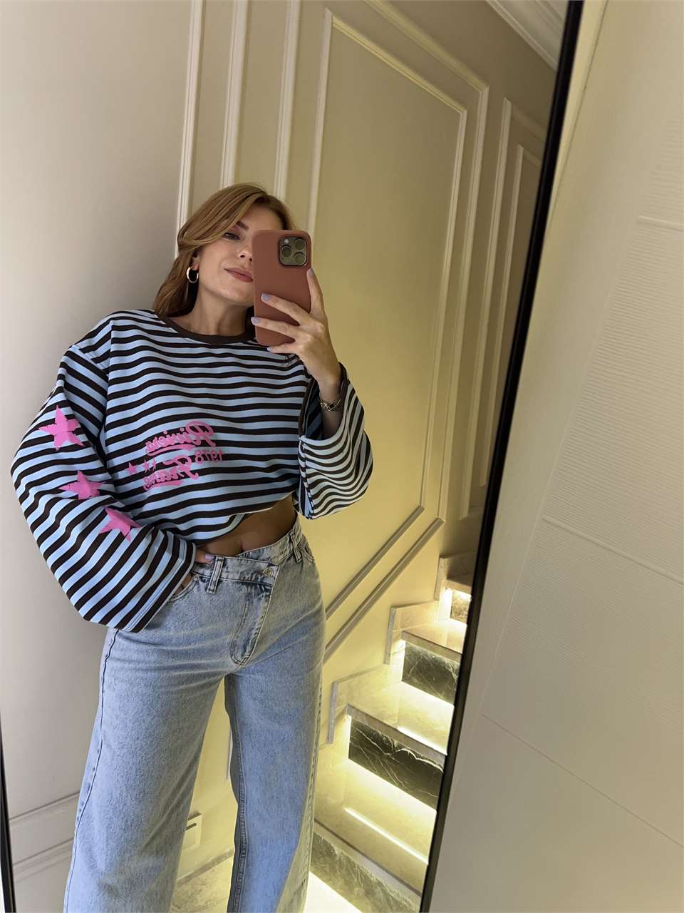 Kadın Riviera Baskı Çizgili Sweatshirt - Mavi