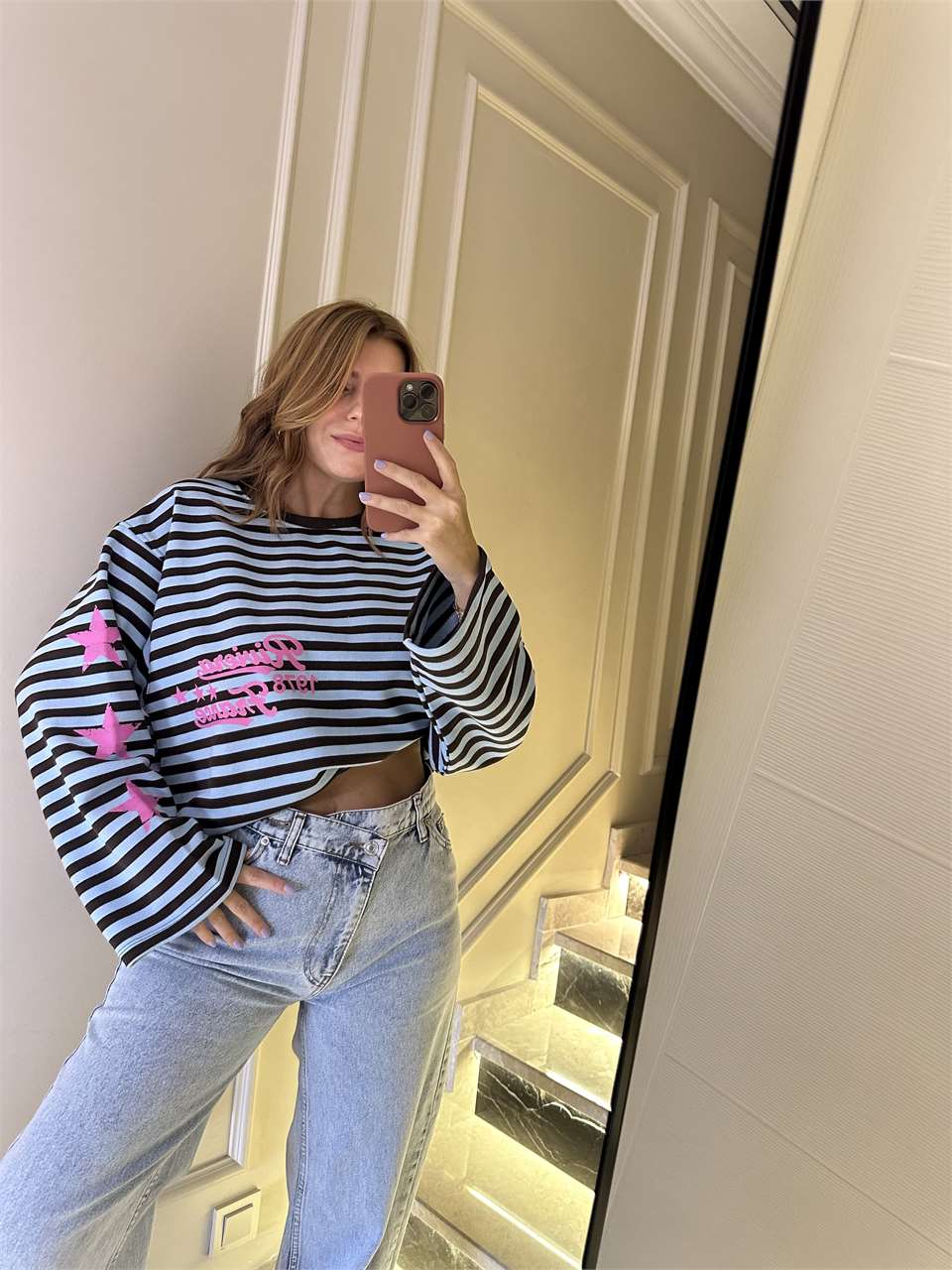 Kadın Riviera Baskı Çizgili Sweatshirt - Mavi