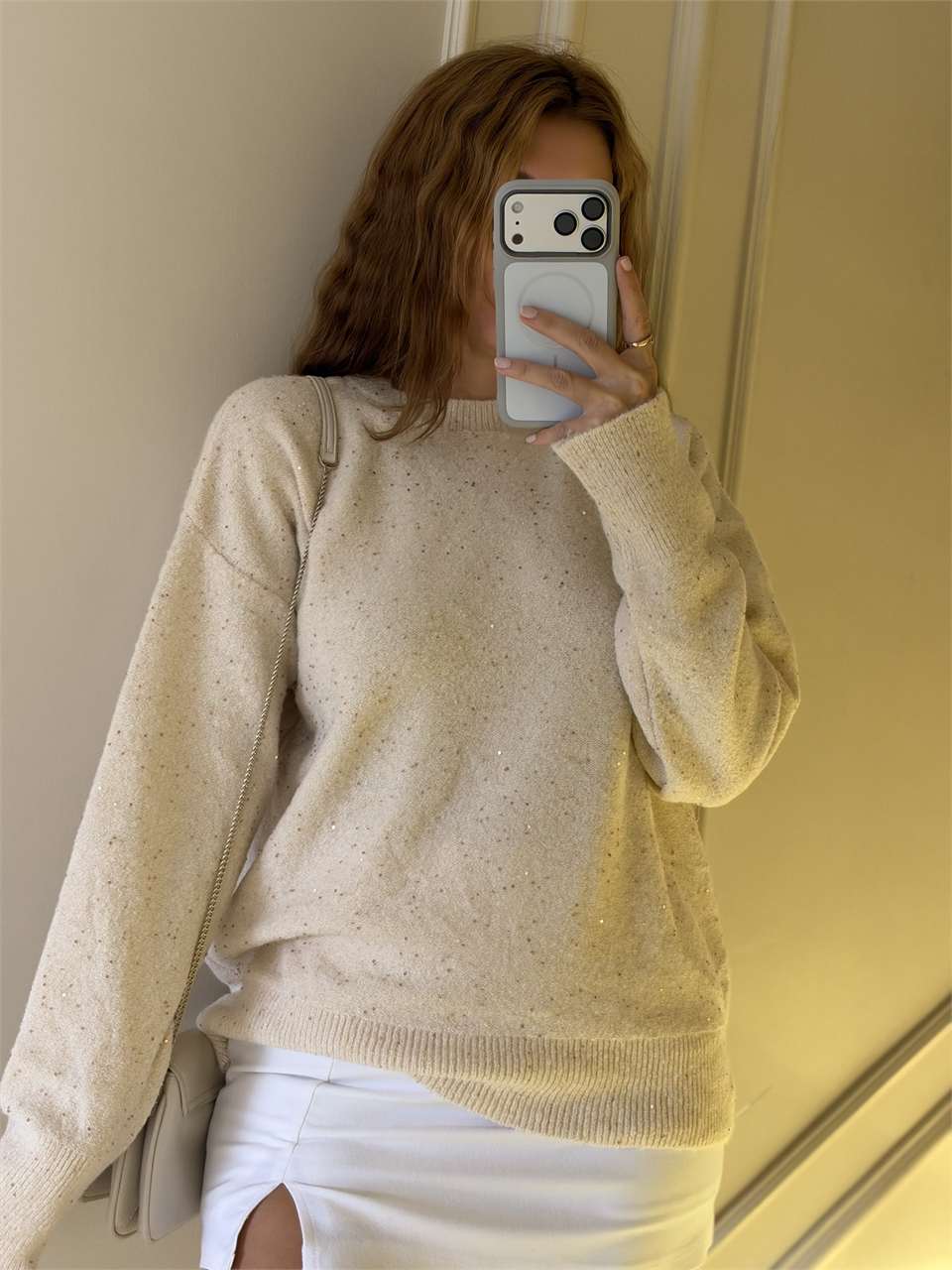 Kadın Simli Oversize Kazak - Krem