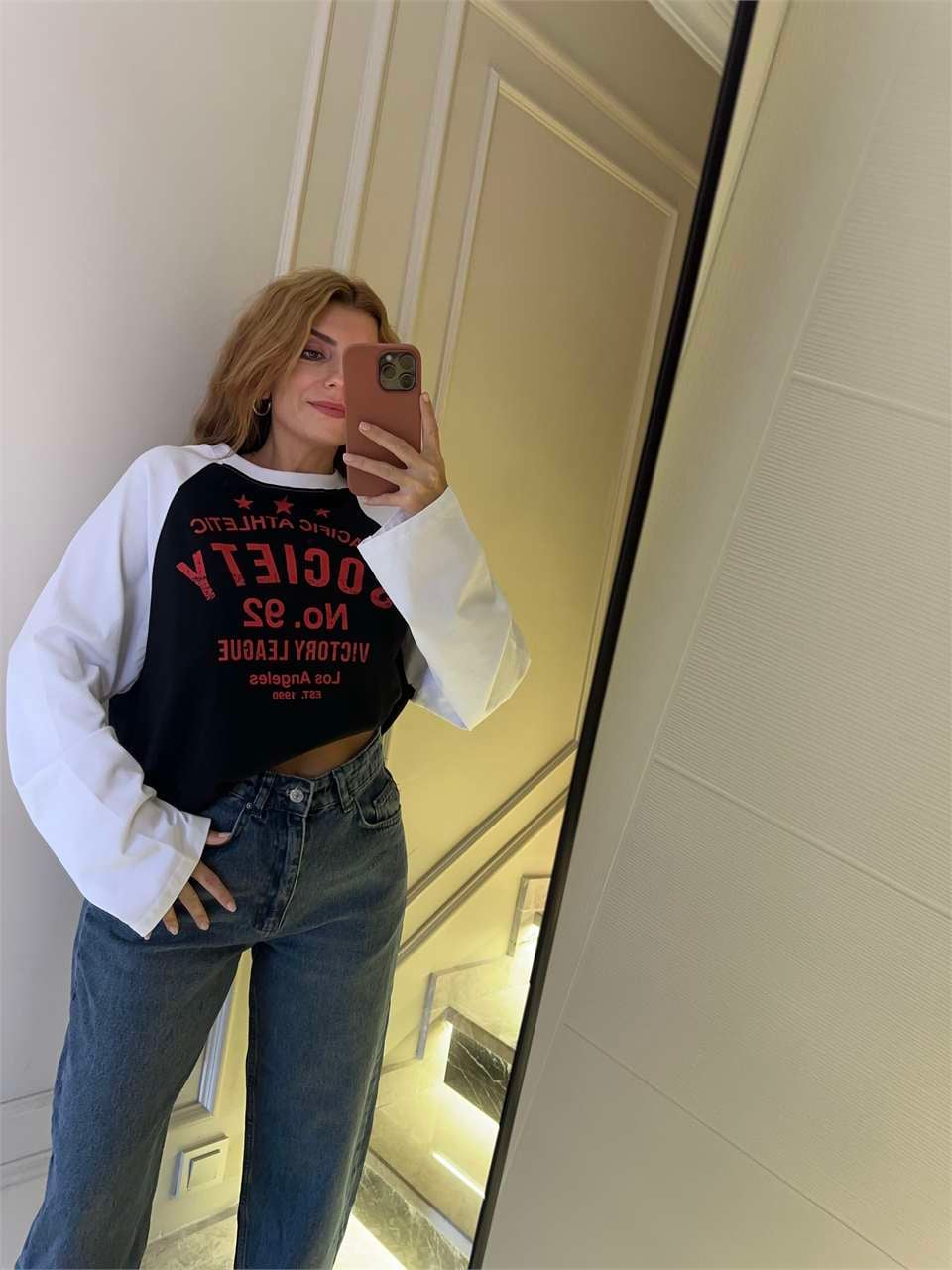 Kadın Society Baskılı Çift Renk Sweatshirt - Siyah