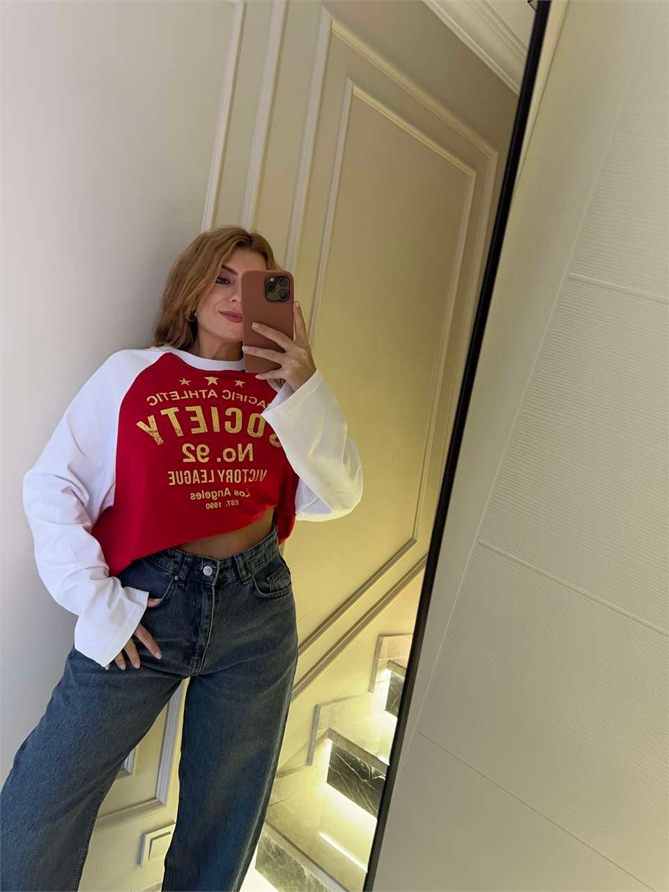 Kadın Society Baskılı Çift Renk Sweatshirt - Kırmızı