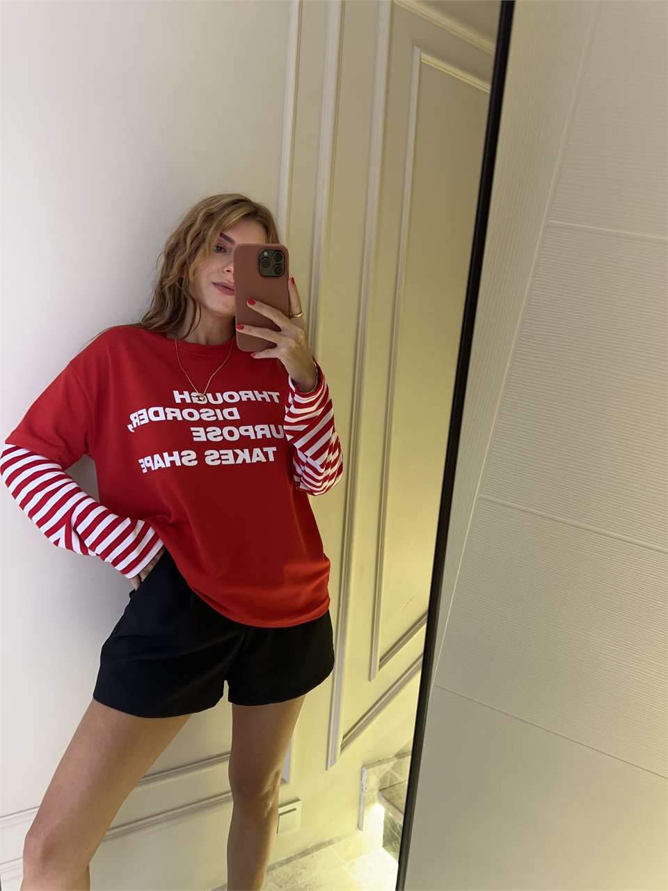Kadın Through Baskı Kolları Çizgili Bluz - Kırmızı