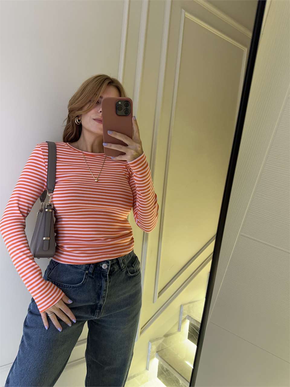 Kadın Uzun Kollu Çizgili Body - Turuncu