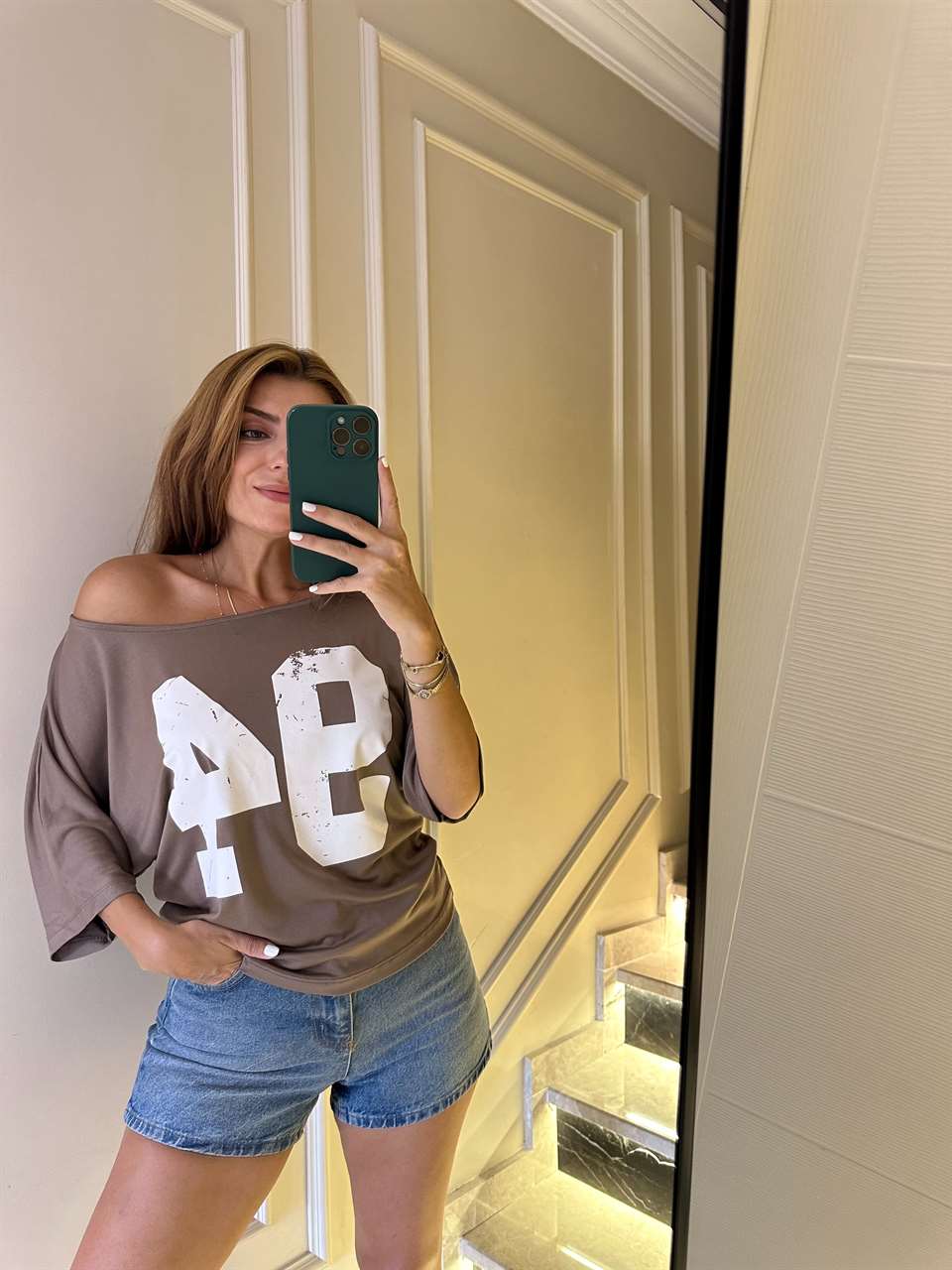 Kadın Vizon Kayık Yaka 94 Baskılı Bluz