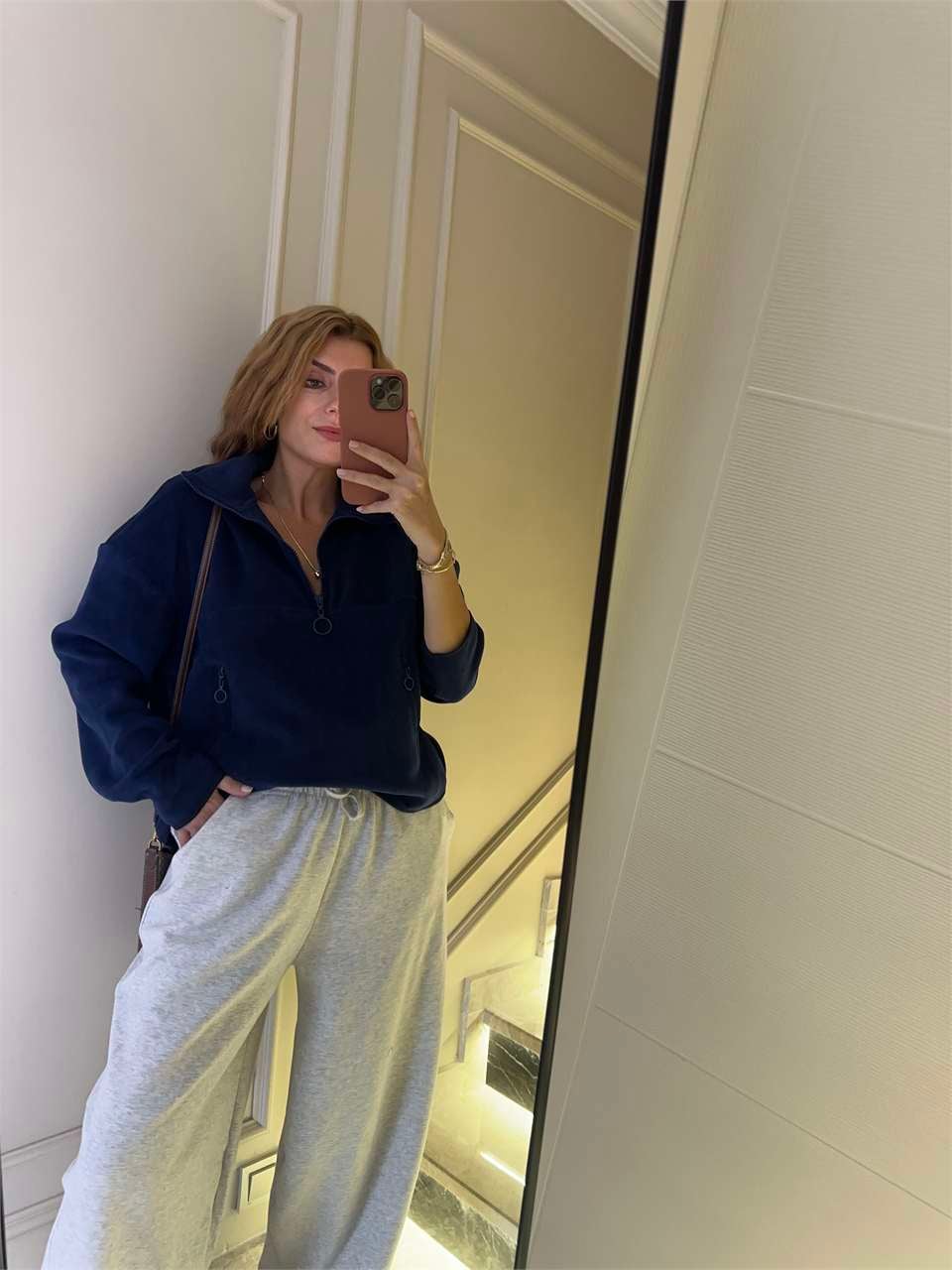 Kadın Yarım Fermuarlı Cepli Polar Sweatshirt - Lacivert