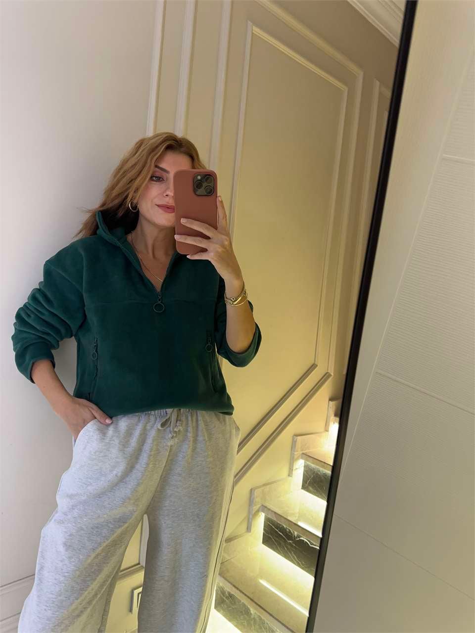 Kadın Yarım Fermuarlı Cepli Polar Sweatshirt - Zümrüt Yeşil