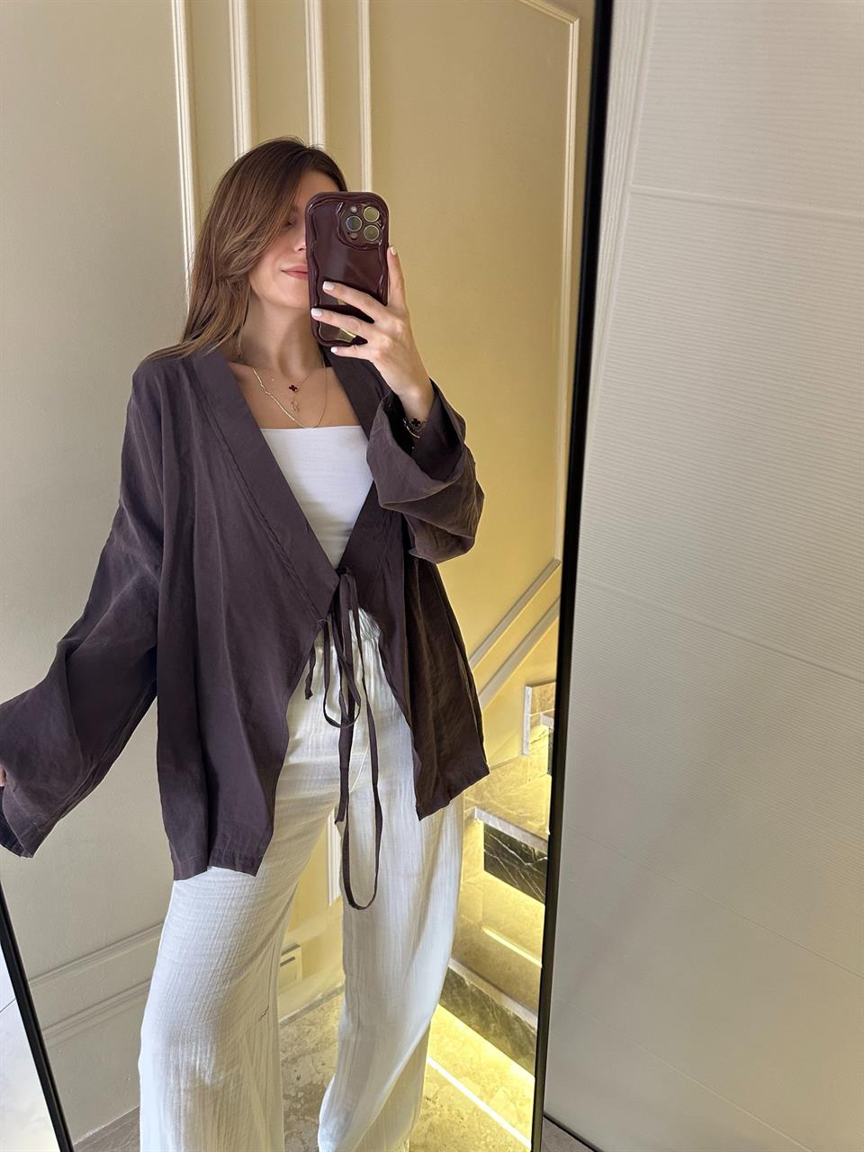 Kahve Bağlamalı Kimono