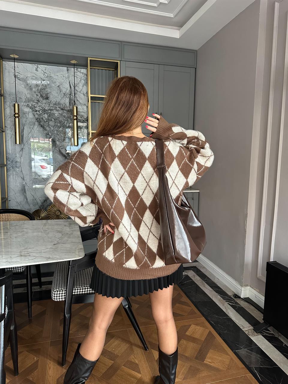 Kahve Baklava Desen Sakallı Salaş Hırka