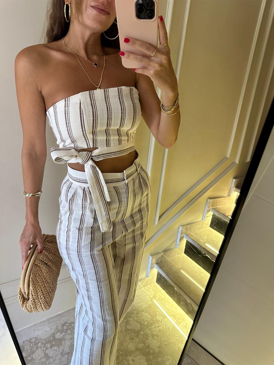 Kahve Çizgili Keten Büstiyer Pantolon Takım