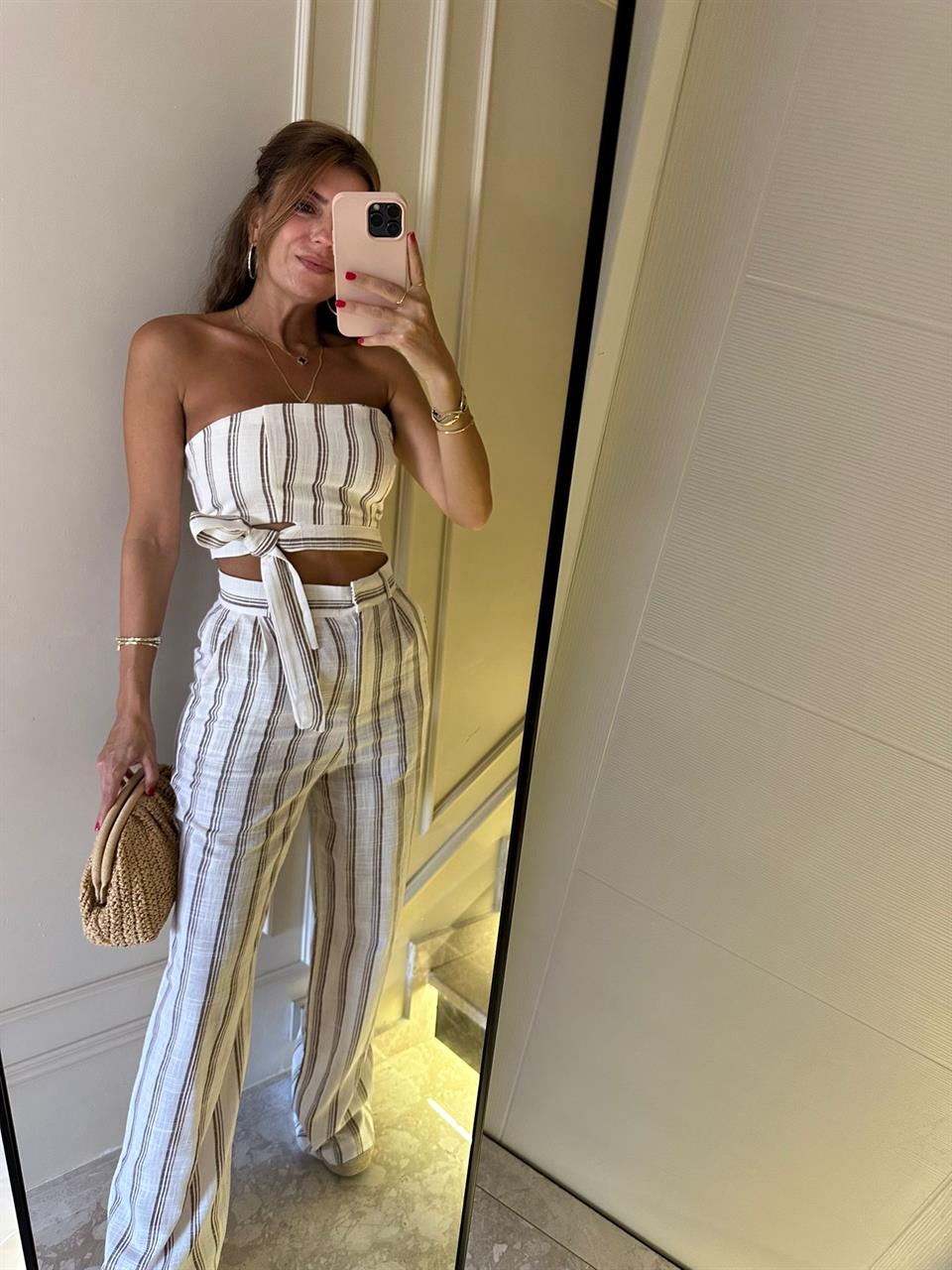 Kahve Çizgili Keten Büstiyer Pantolon Takım