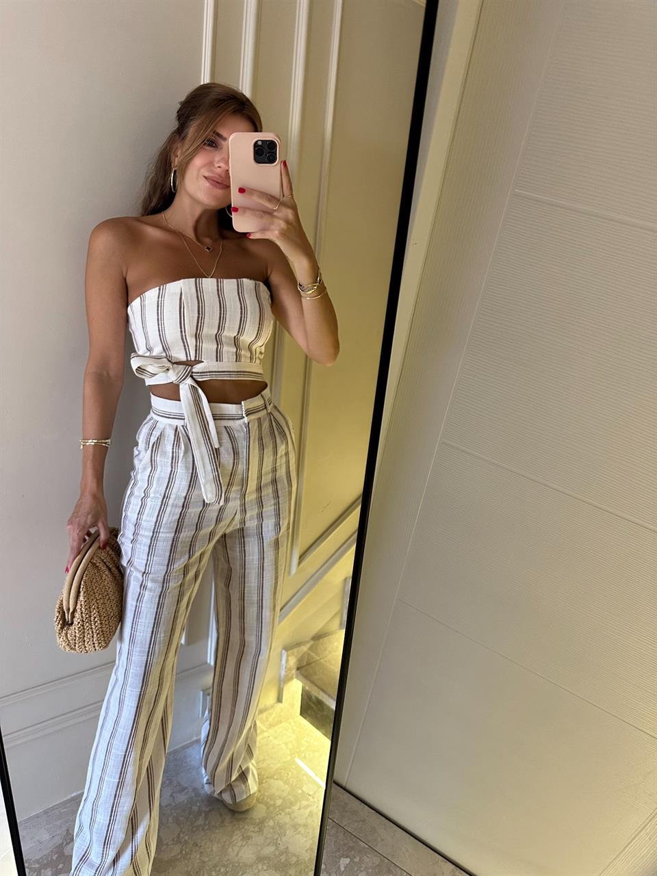 Kahve Çizgili Keten Büstiyer Pantolon Takım