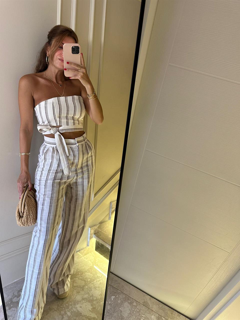 Kahve Çizgili Keten Büstiyer Pantolon Takım