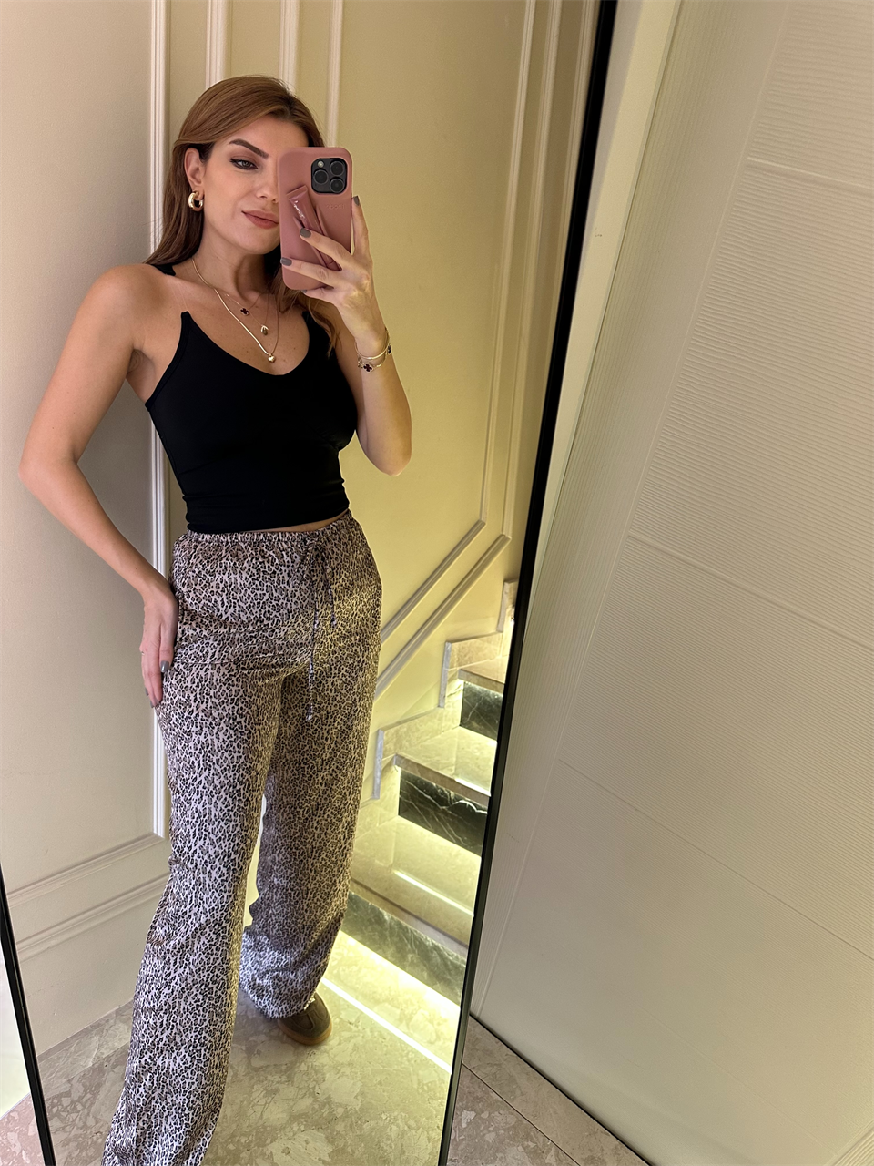 Kahve Desenli Saten Pantolon