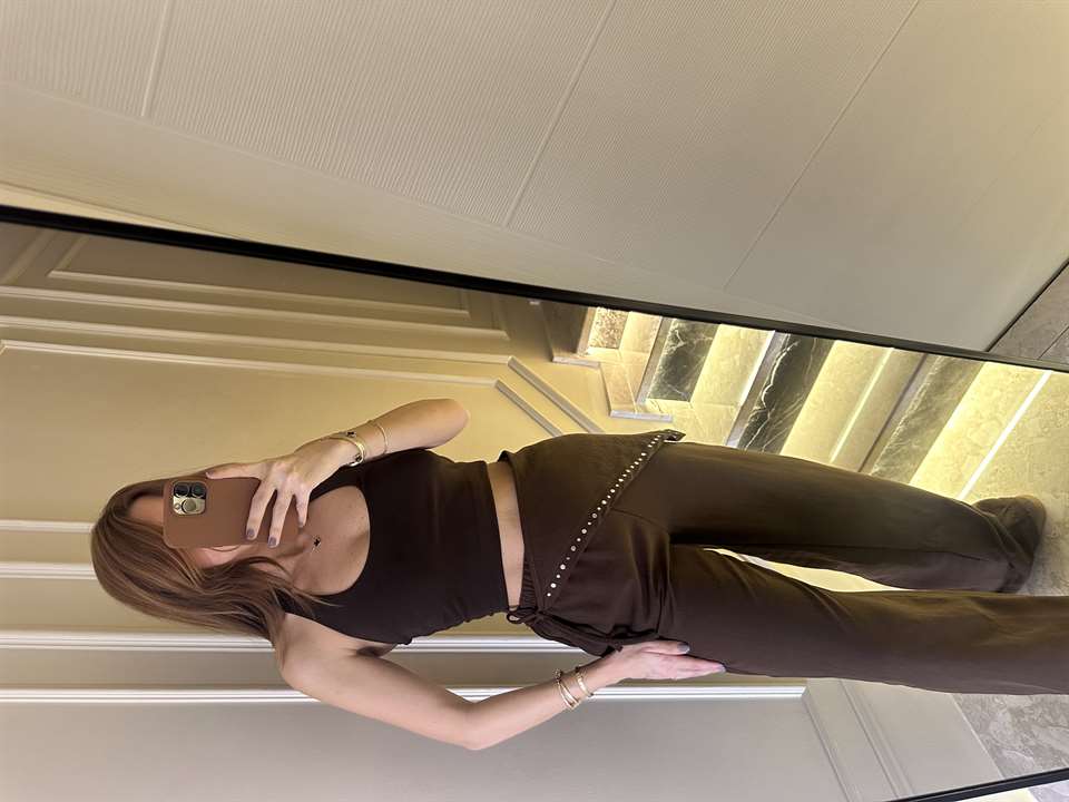 Kahve Dökümlü Pareo Detay Pantolon